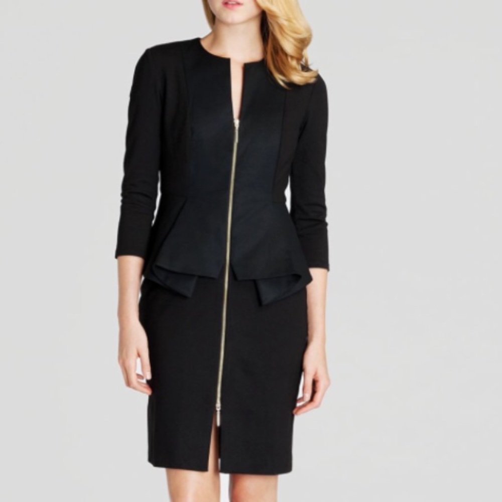 Ted Baker Black Peplum Midi Sheath Dress with Front Zip
